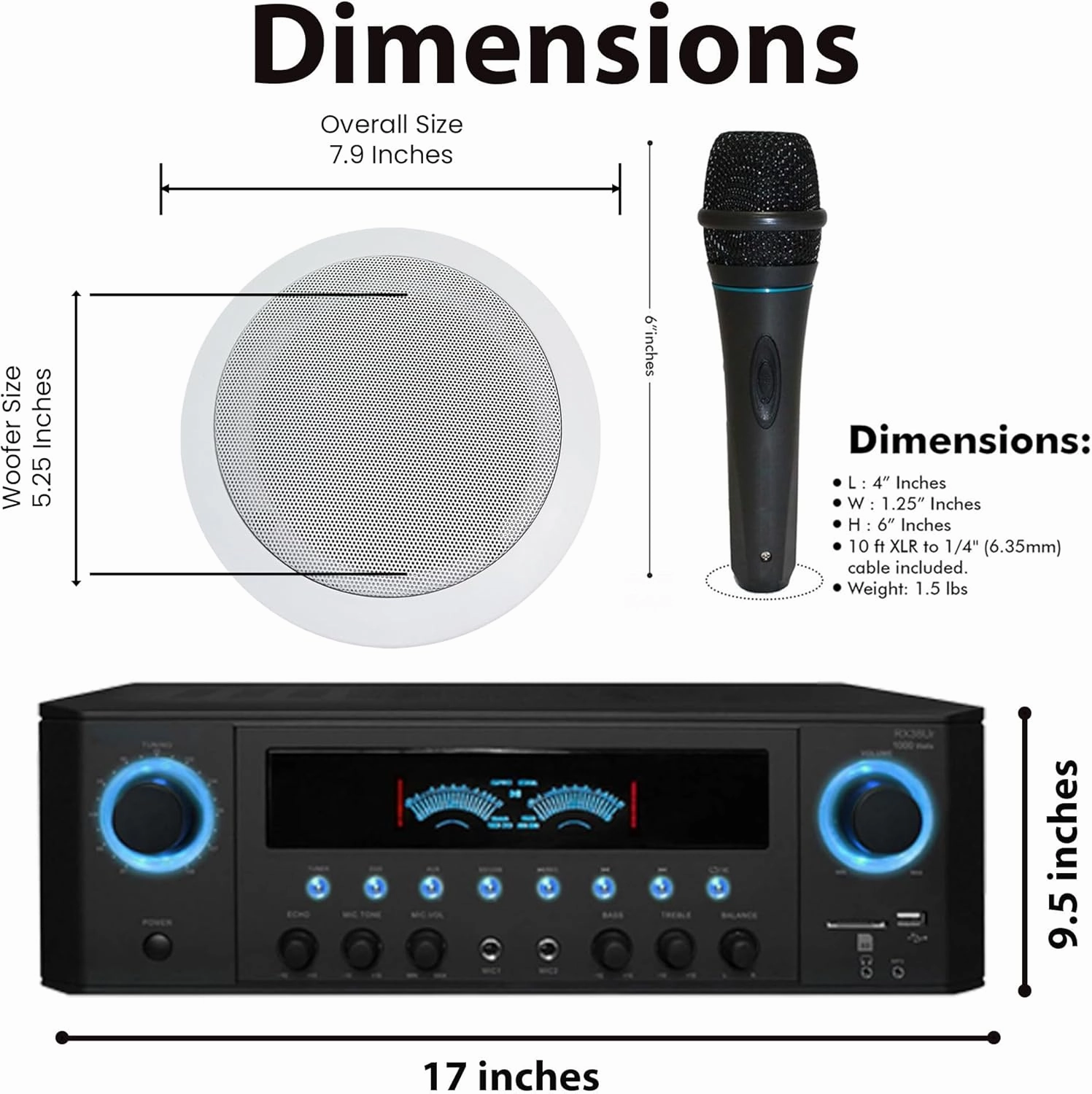 1000 Watts Home System w/USB and SD Card Inputs, (Qty 6) 6.5 Flush Mount in-Wall/in-Ceiling Stereo Speakers, Mic w/10 Ft Cable