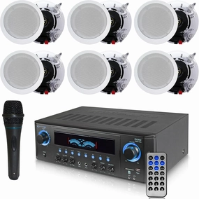 1000 Watts Home System w/USB and SD Card Inputs, (Qty 6) 6.5 Flush Mount in-Wall/in-Ceiling Stereo Speakers, Mic w/10 Ft Cable surround sound system,cinema audio kit,5.1 surround package,