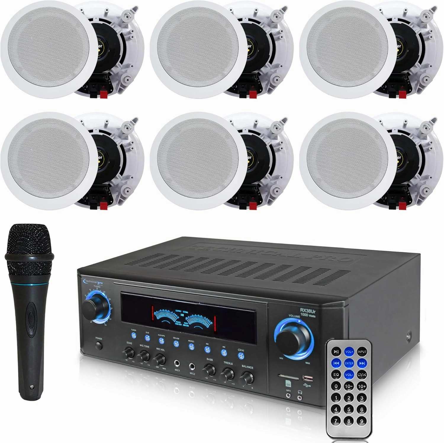 1000 Watts Home System w/USB and SD Card Inputs, (Qty 6) 6.5 Flush Mount in-Wall/in-Ceiling Stereo Speakers, Mic w/10 Ft Cable surround sound system,cinema audio kit,5.1 surround package,