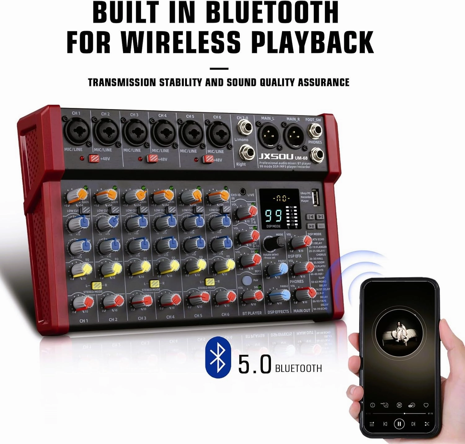 10-Channel Audio Mixer,DJ Mixer, Sound Board Console with 99 DSP Effects, Bluetooth Mixer Input 48V Phantom Power Stereo USB XLR Mixer For Karaoke Studio PC Recording