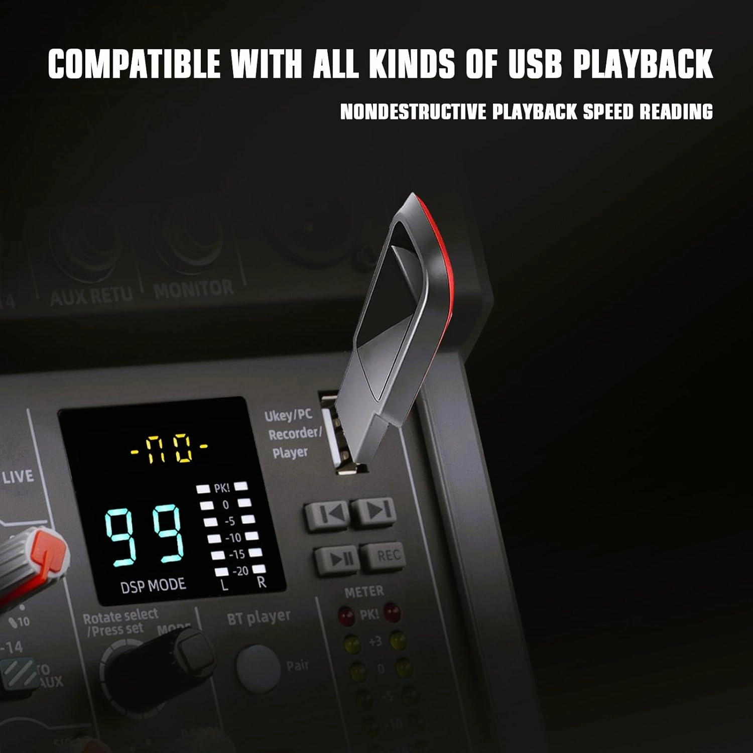 10-Channel Audio Mixer,DJ Mixer, Sound Board Console with 99 DSP Effects, Bluetooth Mixer Input 48V Phantom Power Stereo USB XLR Mixer For Karaoke Studio PC Recording