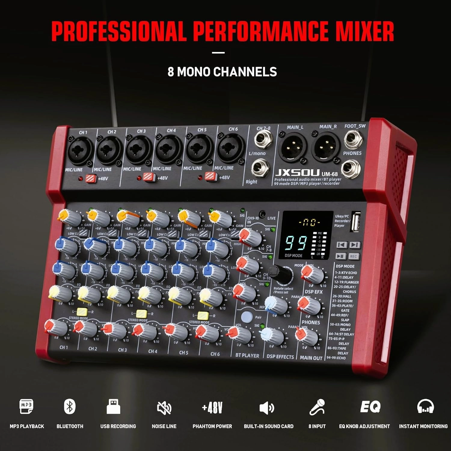 10-Channel Audio Mixer,DJ Mixer, Sound Board Console with 99 DSP Effects, Bluetooth Mixer Input 48V Phantom Power Stereo USB XLR Mixer For Karaoke Studio PC Recording
