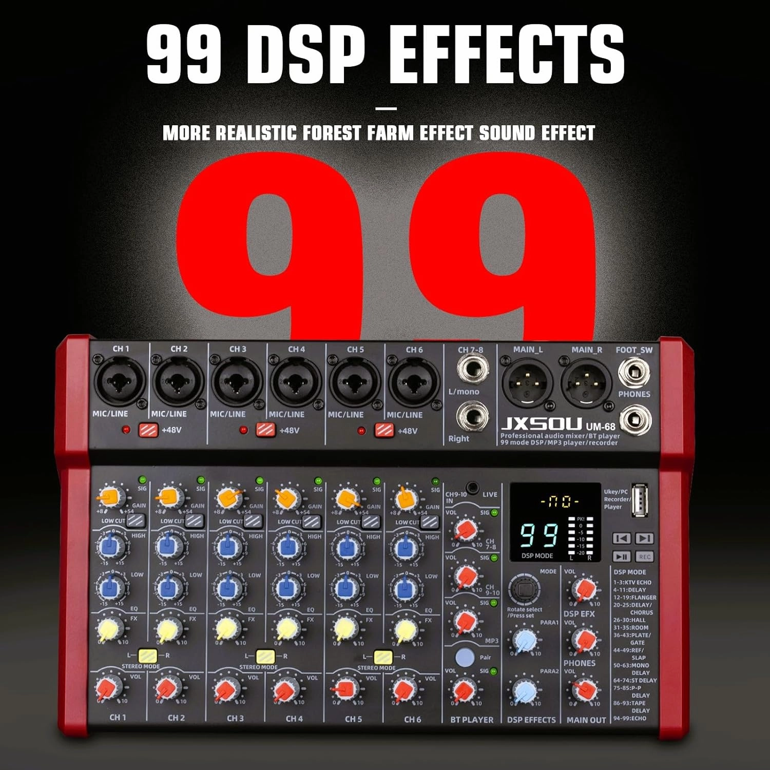 10-Channel Audio Mixer,DJ Mixer, Sound Board Console with 99 DSP Effects, Bluetooth Mixer Input 48V Phantom Power Stereo USB XLR Mixer For Karaoke Studio PC Recording
