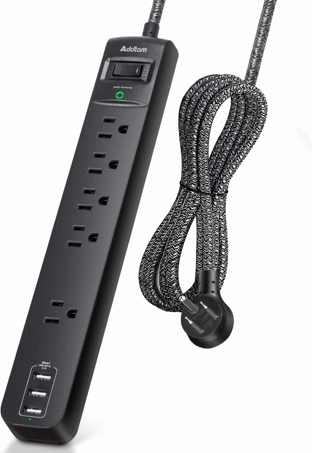 10 Ft Power Strip Surge Protector- 5 Outlets 3 USB Ports, Flat Plug Braided Extension Cord, Overload Surge Protection, Wall Mount for Hotel, Home and Office. power cord,hi-fi power cable,AC power lead,
