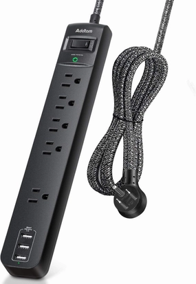 10 Ft Power Strip Surge Protector- 5 Outlets 3 USB Ports, Flat Plug Braided Extension Cord, Overload Surge Protection, Wall Mount for Hotel, Home and Office. power cord,hi-fi power cable,AC power lead,