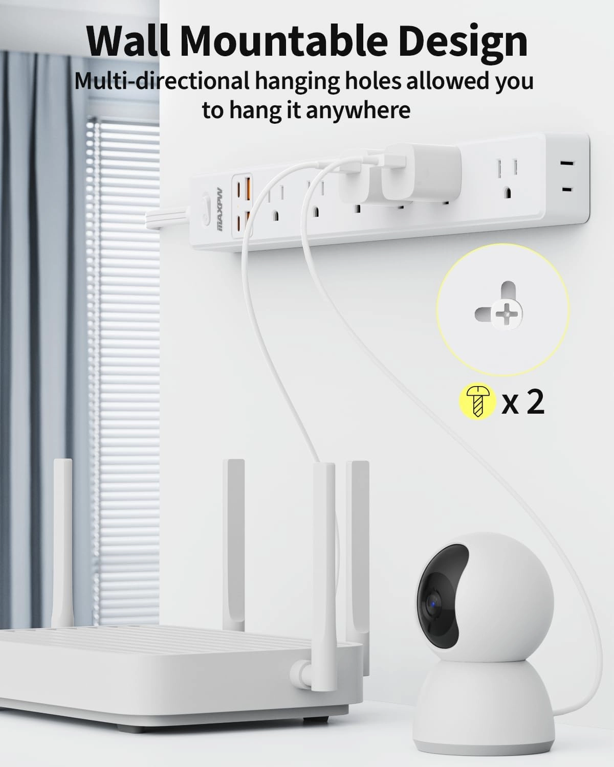 10 Ft Power Strip Surge Protector - 7 Outlets 4 USB Ports (2 USB C), Ultra Thin Flat Extension Cord & Flat Plug, 1700 Joules, Wall Mount, Desk Charging Station for Home Office Dorm, White
