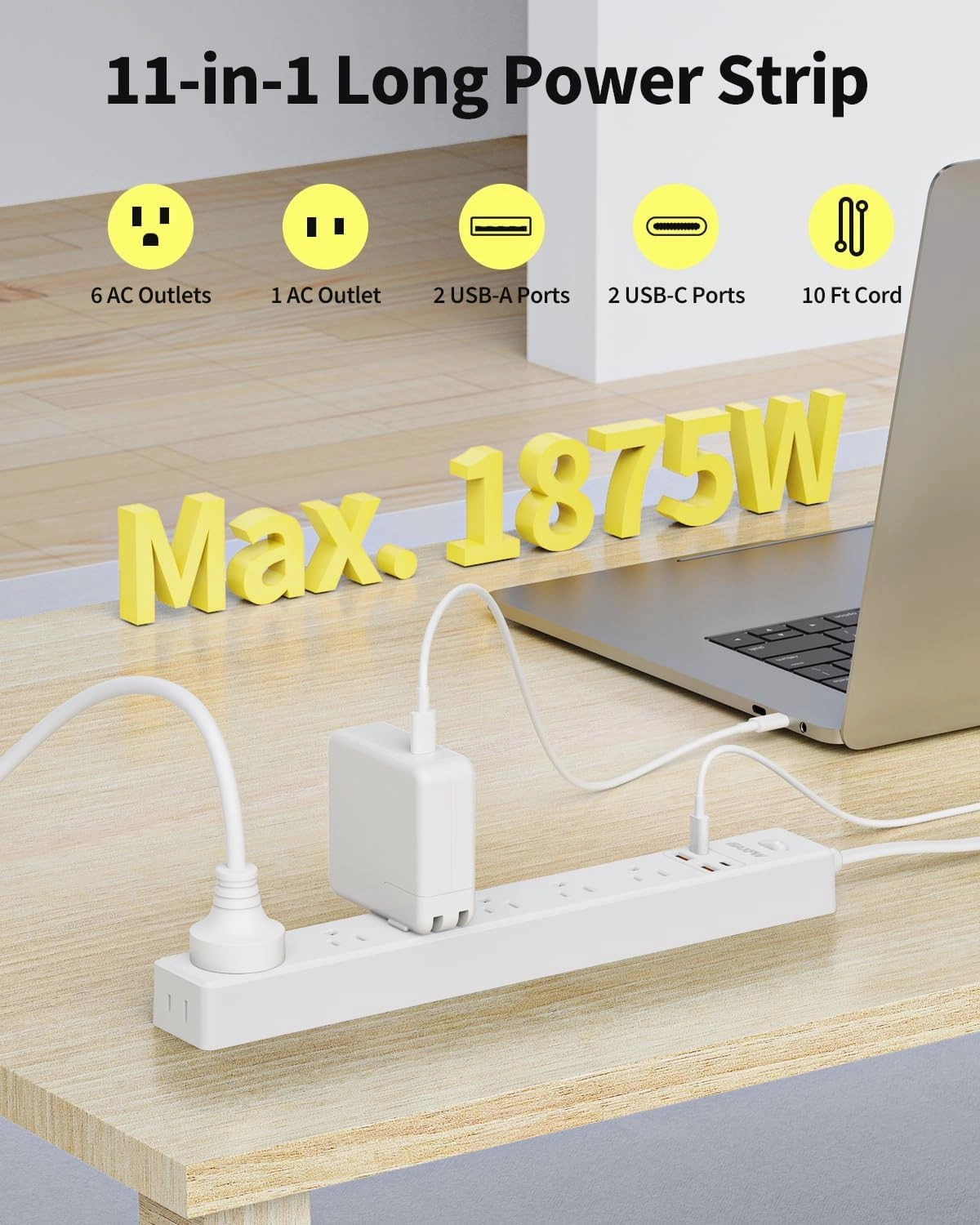 10 Ft Power Strip Surge Protector - 7 Outlets 4 USB Ports (2 USB C), Ultra Thin Flat Extension Cord & Flat Plug, 1700 Joules, Wall Mount, Desk Charging Station for Home Office Dorm, White
