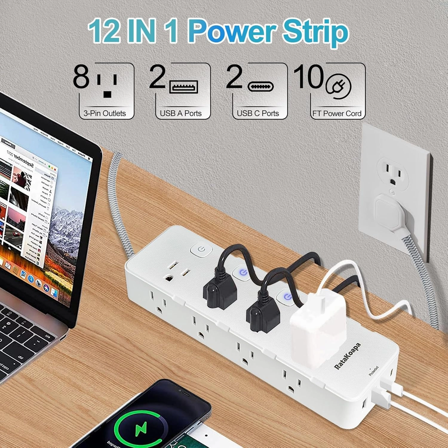 10 Ft Surge Protector Power Strip - 8 Widely AC Outlet 4 USB Ports(2 USB C), Flat Plug Extension Cord with Multiple Outlets, Individual Switches, Desk Extender for Dorm, Home, Office Essentials, 1400J