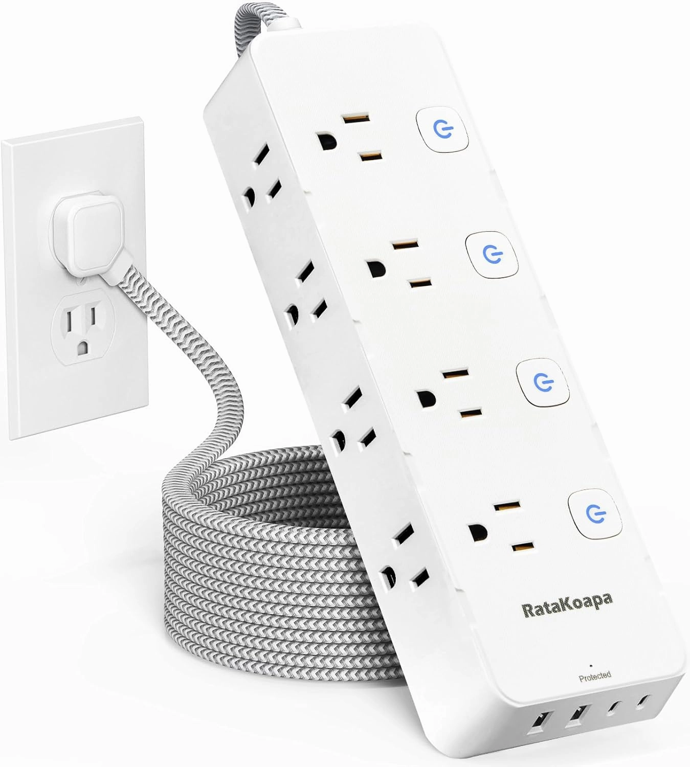 10 Ft Surge Protector Power Strip - 8 Widely AC Outlet 4 USB Ports(2 USB C), Flat Plug Extension Cord with Multiple Outlets, Individual Switches, Desk Extender for Dorm, Home, Office Essentials, 1400J power cord,hi-fi power cable,AC power lead,