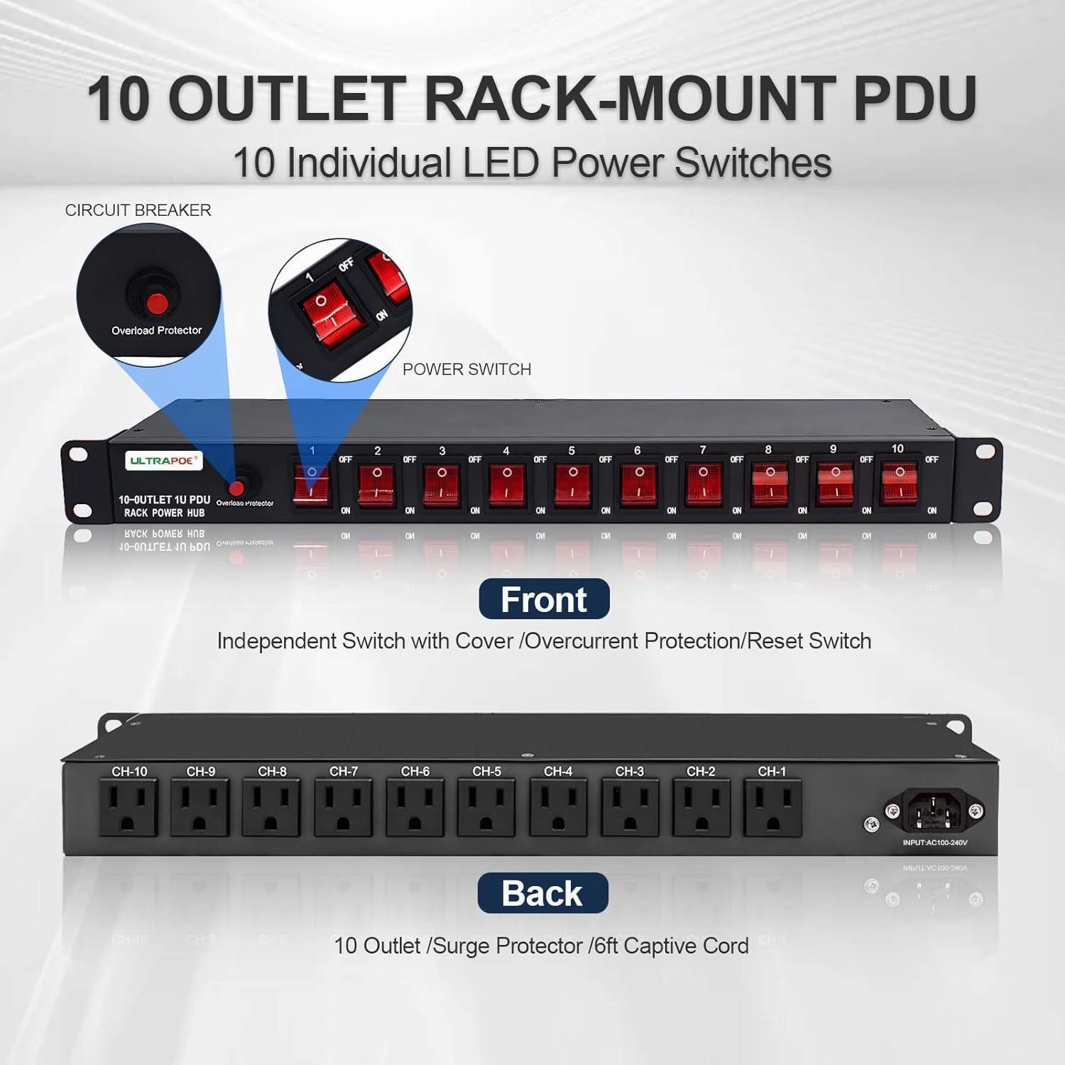 10-Outlet 1U Horizontal PDU Rack Mount Power Strip - Surge Protector,100-240V/15A/1800 Joules,for Network Servers,Power Conditioner with 10 Individual Switches and 6 ft Power Cord