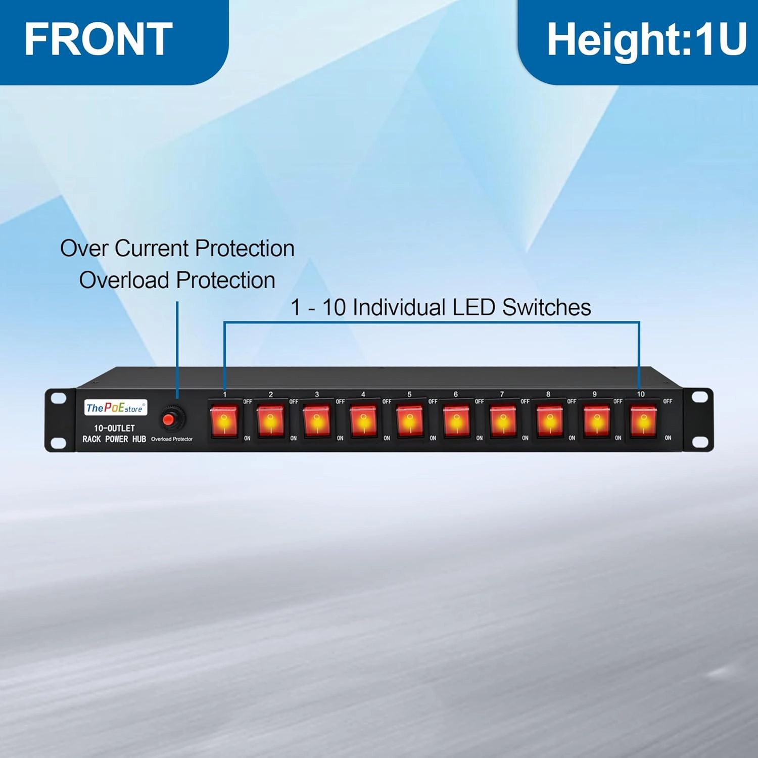 10-Outlet 1U Rack Mount Power Strip - Surge Protector, Features 10 Front Switches with LED Light - Ideal, w/ 6 ft Cord for Network Server Racks and Cabinets, by ThePoEstore