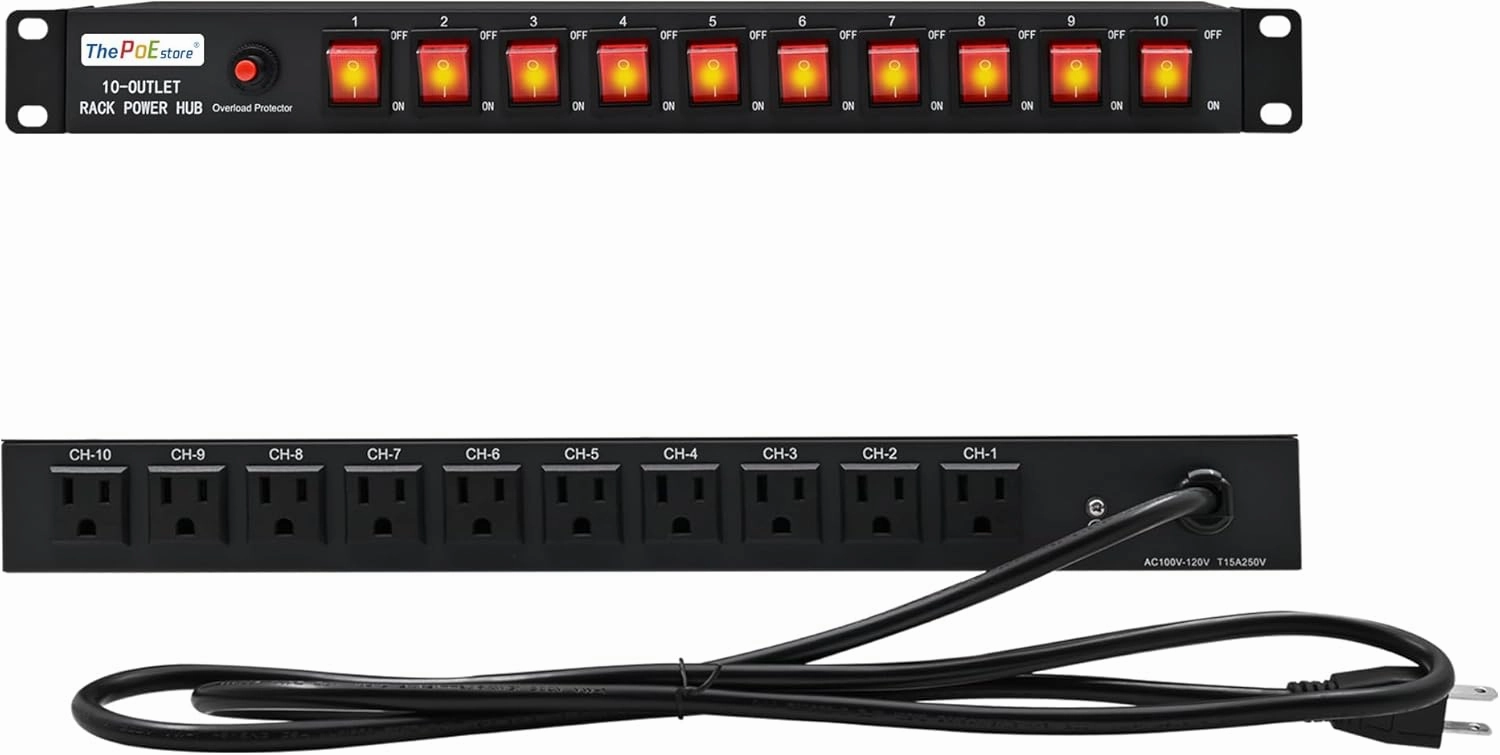 10-Outlet 1U Rack Mount Power Strip - Surge Protector, Features 10 Front Switches with LED Light - Ideal, w/ 6 ft Cord for Network Server Racks and Cabinets, by ThePoEstore rackmount gear,audio rack equipment,studio rackmounts,