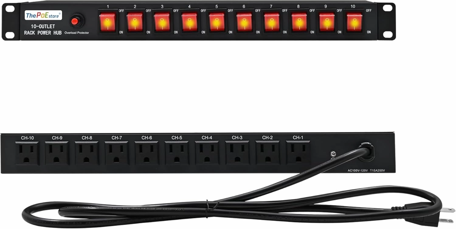 10-Outlet 1U Rack Mount Power Strip - Surge Protector, Features 10 Front Switches with LED Light - Ideal, w/ 6 ft Cord for Network Server Racks and Cabinets, by ThePoEstore rackmount gear,audio rack equipment,studio rackmounts,