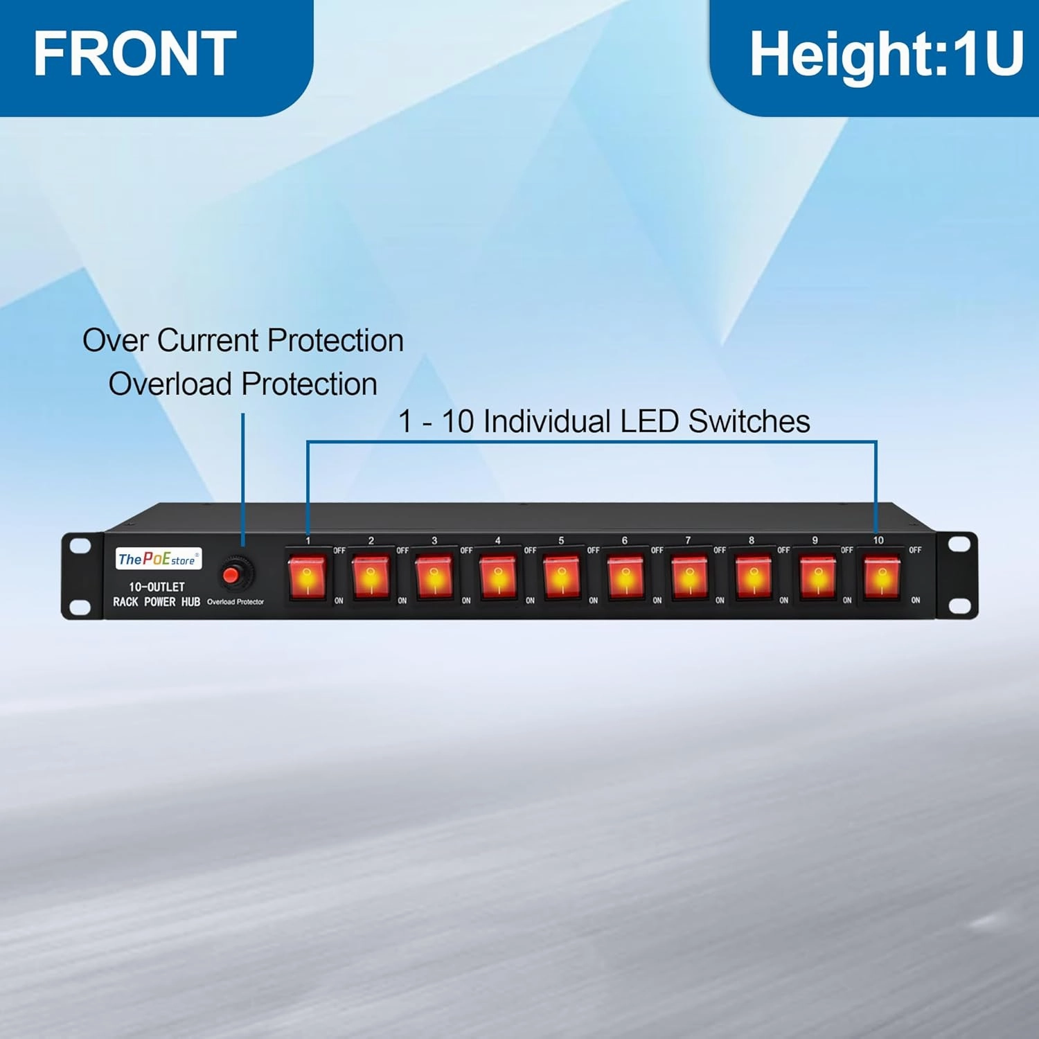 10-Outlet 1U Rack Mount Power Strip - Surge Protector, Features 10 Front Switches with LED Light - Ideal, w/ 6 ft Cord for Network Server Racks and Cabinets, by ThePoEstore