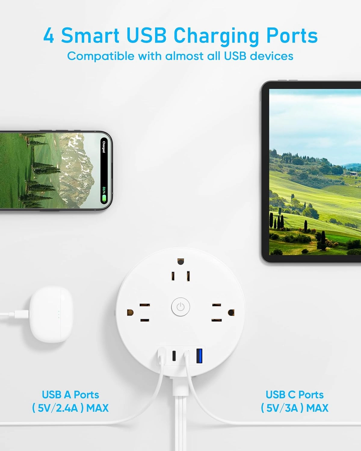 10FT 2 Prong Power Strip, Yozisital 2 Prong to 3 Prong Outlet Adapter, Flat Extension Cord, Surge Protector with Rotating Plug, 6 Outlets 4 USB(2 USB C), Wall Mount, Ideal for Non-Grounded Outlets