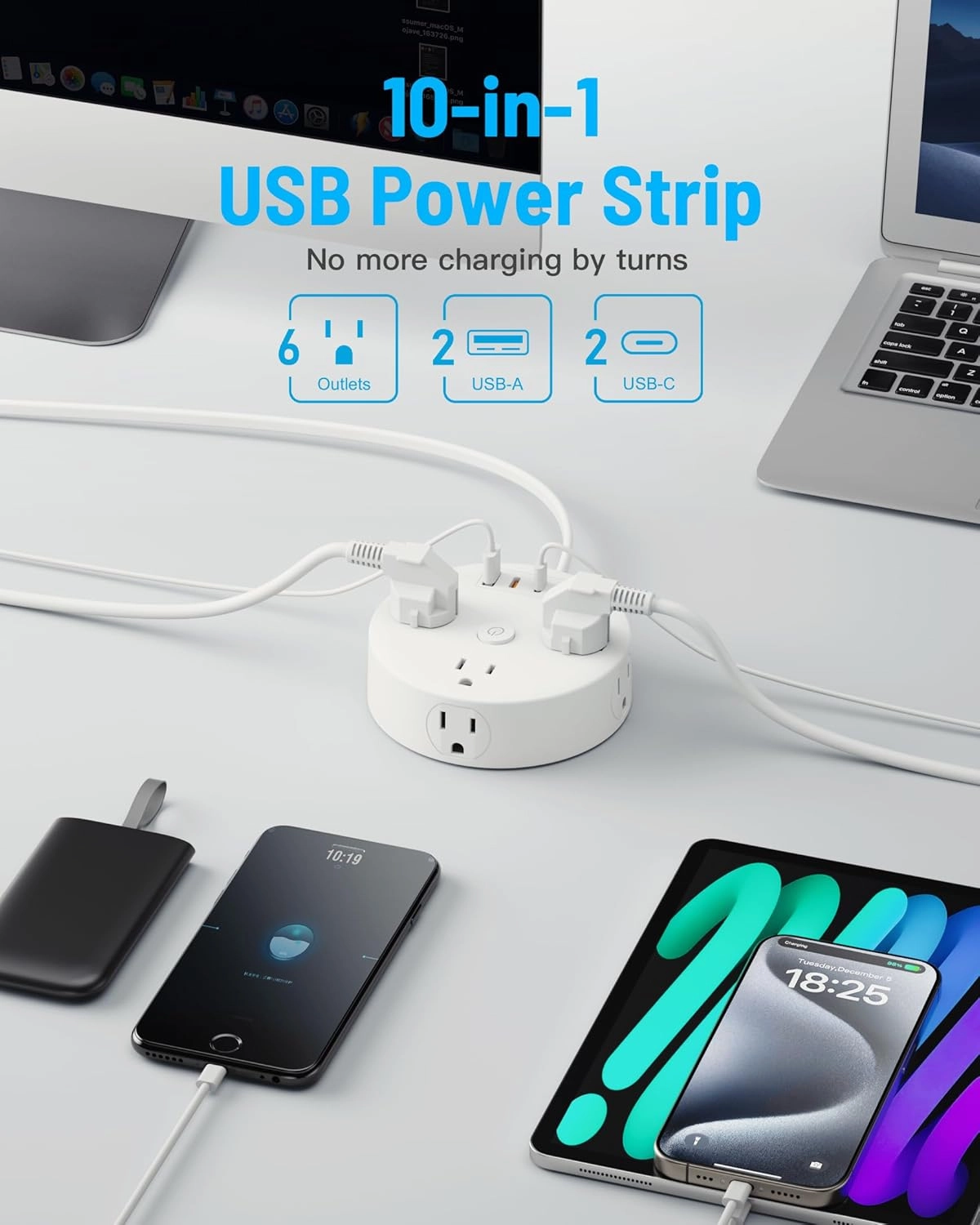 10FT 2 Prong Power Strip, Yozisital 2 Prong to 3 Prong Outlet Adapter, Flat Extension Cord, Surge Protector with Rotating Plug, 6 Outlets 4 USB(2 USB C), Wall Mount, Ideal for Non-Grounded Outlets