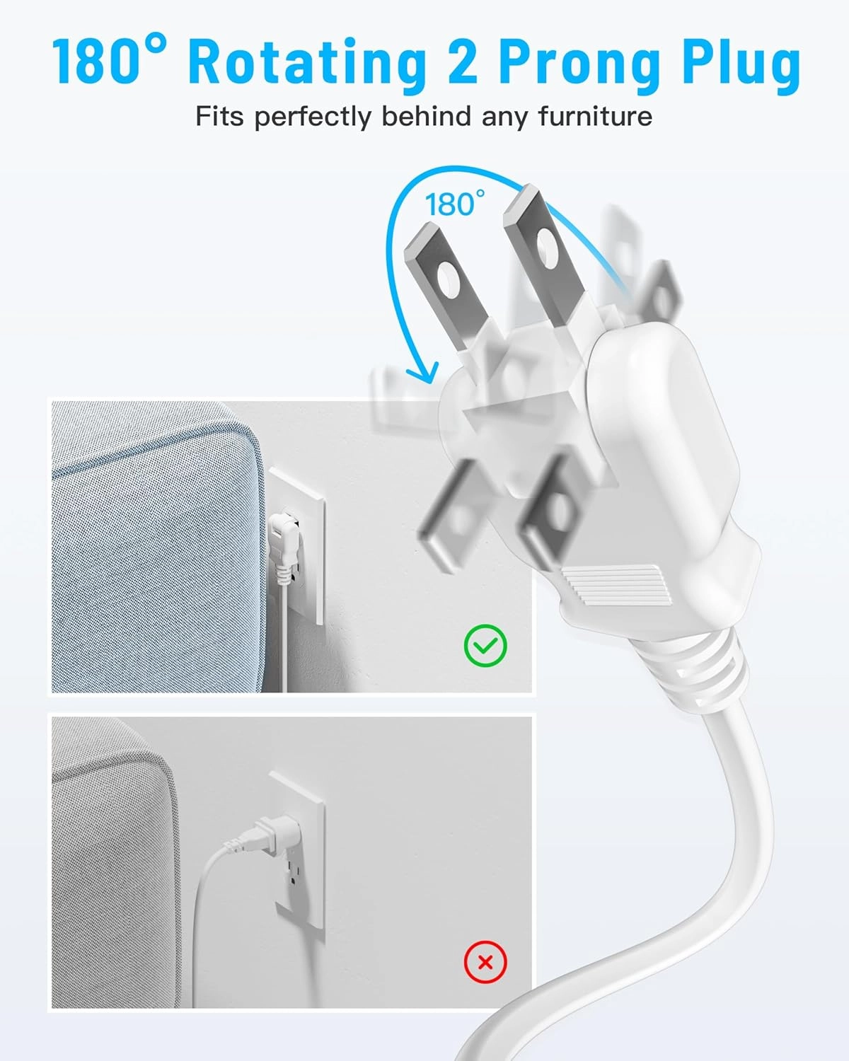 10FT 2 Prong Power Strip, Yozisital 2 Prong to 3 Prong Outlet Adapter, Flat Extension Cord, Surge Protector with Rotating Plug, 6 Outlets 4 USB(2 USB C), Wall Mount, Ideal for Non-Grounded Outlets