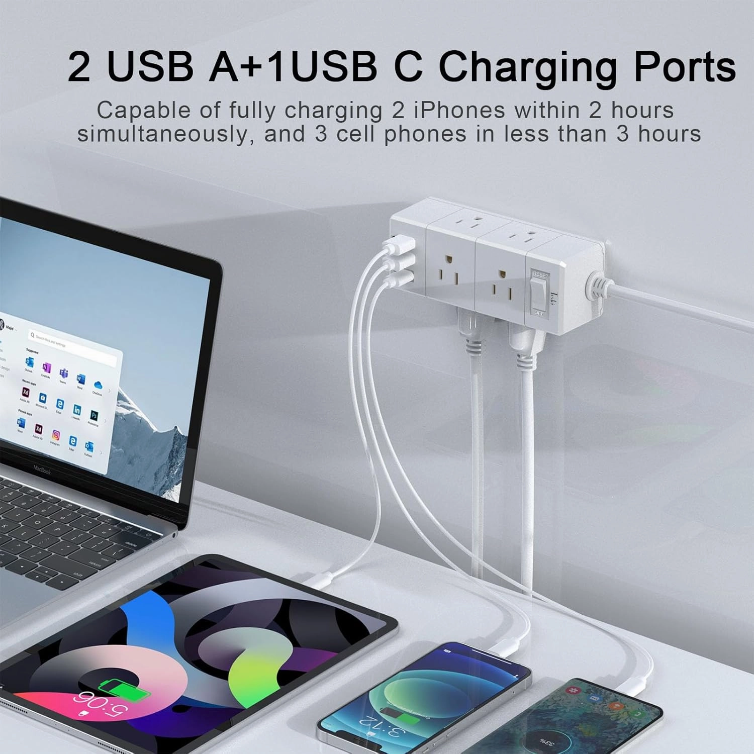 10Ft Extension Cord Flat Plug Power Strip - Tcstei 3-Side Outlet Extender with 6 AC Outlets and 3 USB Ports (1 USB C), Compact for Home, Office, Dorm Room Essentials, ETL, White
