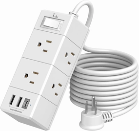 10Ft Extension Cord Flat Plug Power Strip - Tcstei 3-Side Outlet Extender with 6 AC Outlets and 3 USB Ports (1 USB C), Compact for Home, Office, Dorm Room Essentials, ETL, White power cord,hi-fi power cable,AC power lead,