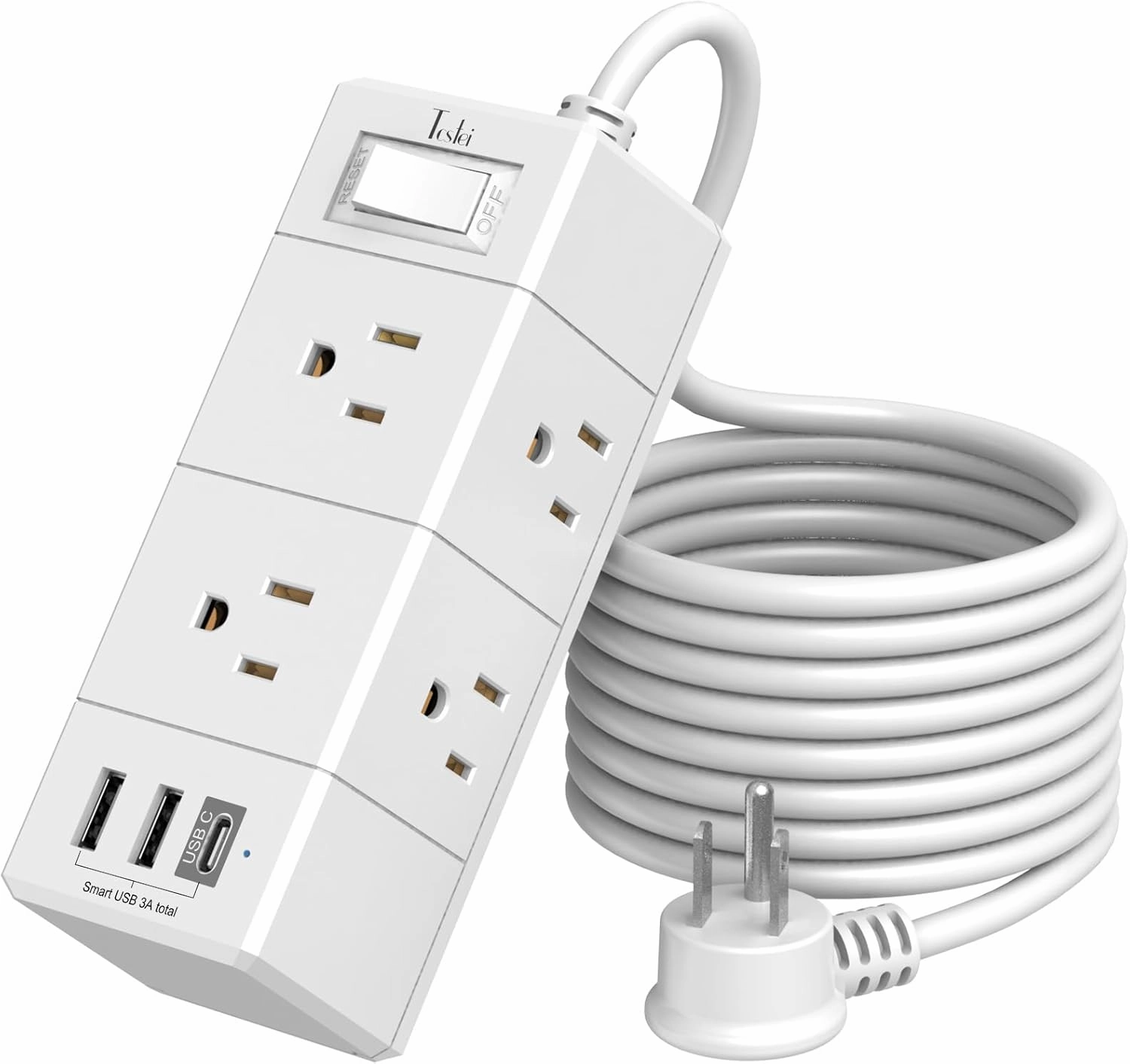 10Ft Extension Cord Flat Plug Power Strip - Tcstei 3-Side Outlet Extender with 6 AC Outlets and 3 USB Ports (1 USB C), Compact for Home, Office, Dorm Room Essentials, ETL, White power cord,hi-fi power cable,AC power lead,