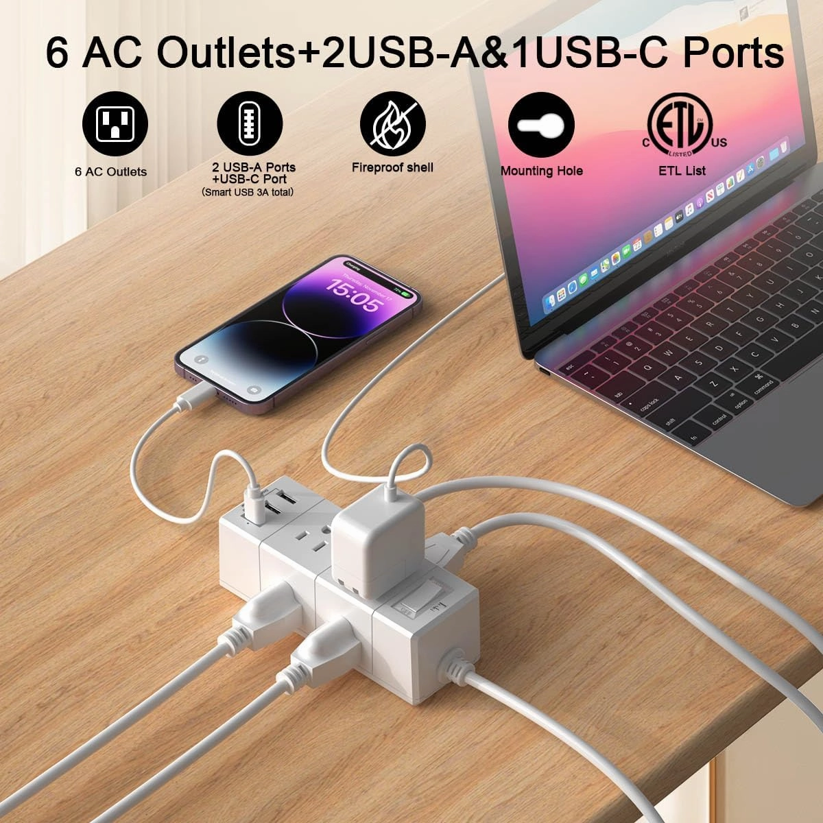 10Ft Extension Cord Flat Plug Power Strip - Tcstei 3-Side Outlet Extender with 6 AC Outlets and 3 USB Ports (1 USB C), Compact for Home, Office, Dorm Room Essentials, ETL, White