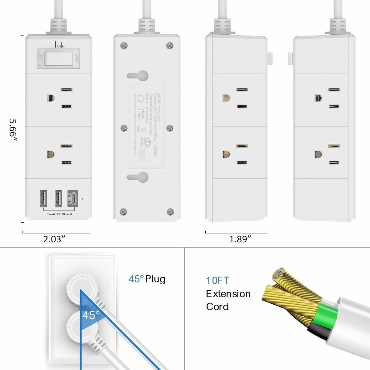10Ft Extension Cord Flat Plug Power Strip - Tcstei 3-Side Outlet Extender with 6 AC Outlets and 3 USB Ports (1 USB C), Compact for Home, Office, Dorm Room Essentials, ETL, White