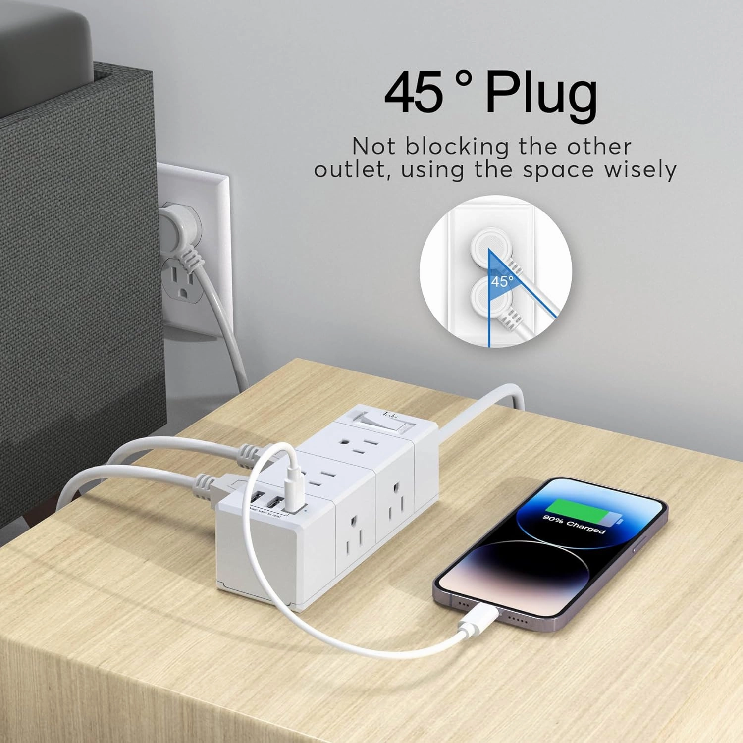 10Ft Extension Cord Flat Plug Power Strip - Tcstei 3-Side Outlet Extender with 6 AC Outlets and 3 USB Ports (1 USB C), Compact for Home, Office, Dorm Room Essentials, ETL, White