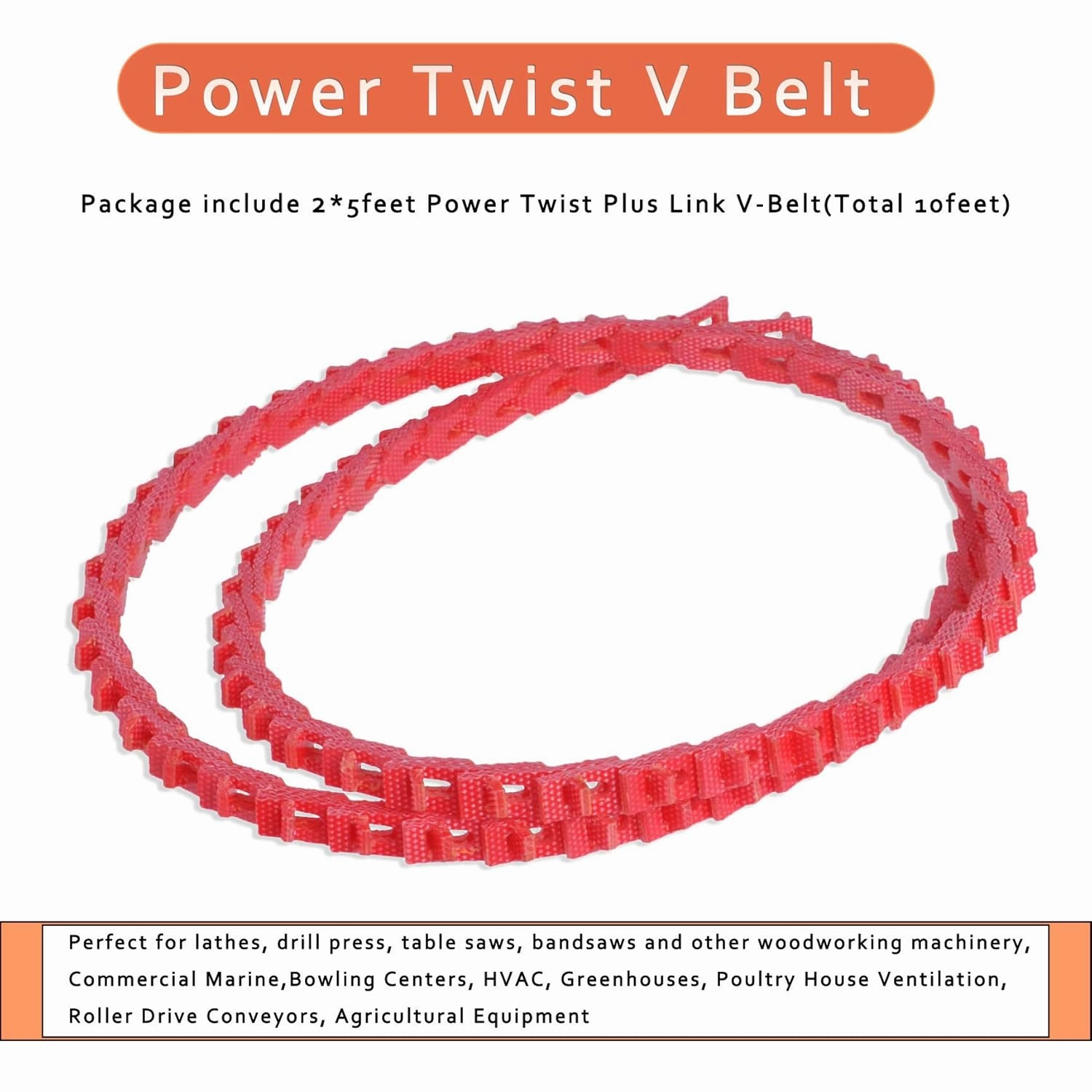 10FT Power Twist V Belt,1/2-Inch x 10 Feet A Type, Adjustable Link Belt for Table Saw/Wood Lathe/Drill Presses