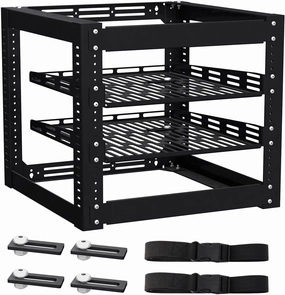 10U Open Frame Network Rack - 4 - Post Cold - Rolled Steel, Wall Mountable or Floor Standing, with 2 x 1U Adjustable Shelves & Mounting Hardware rackmount gear,audio rack equipment,studio rackmounts,