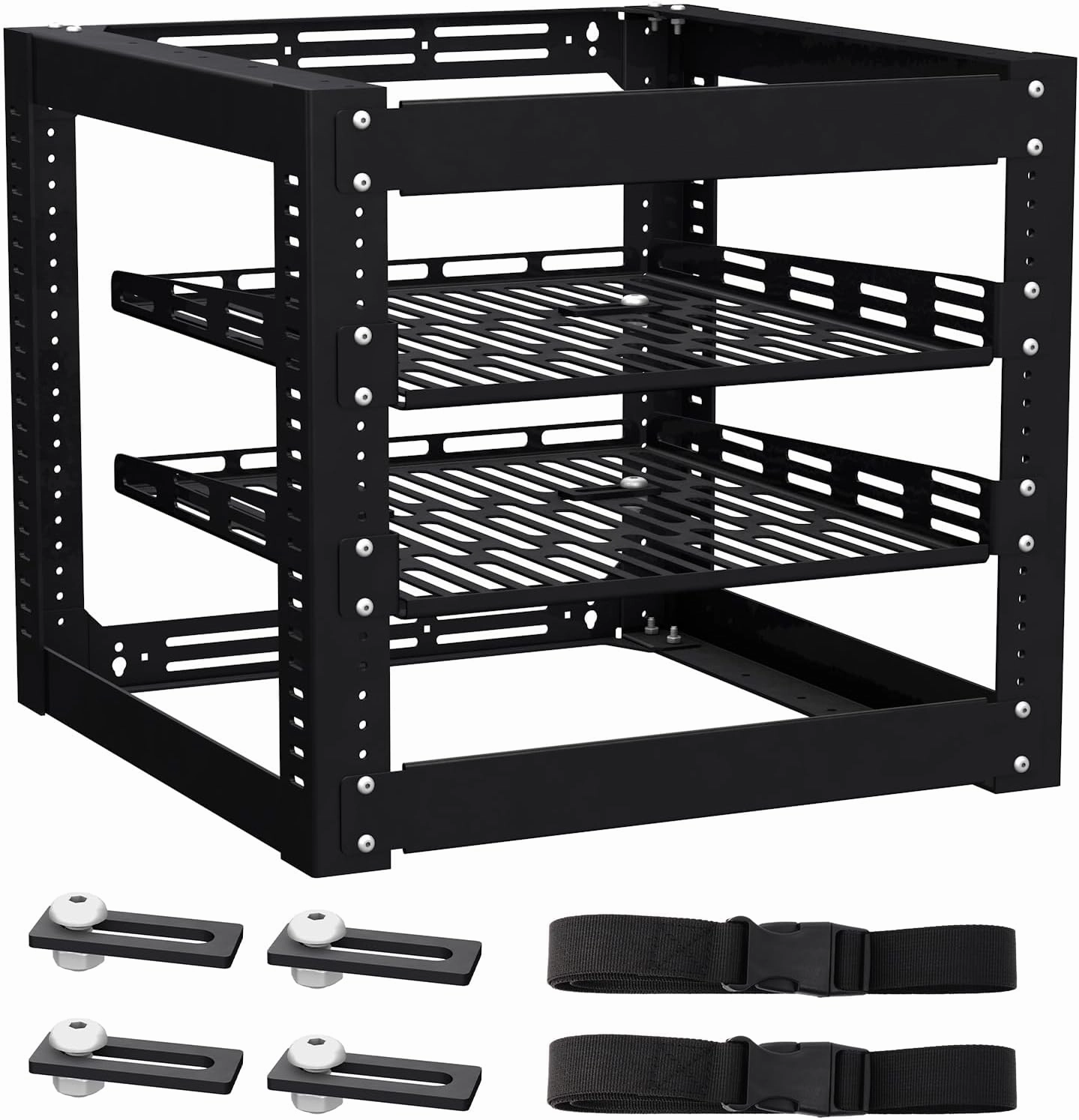 10U Open Frame Network Rack - 4 - Post Cold - Rolled Steel, Wall Mountable or Floor Standing, with 2 x 1U Adjustable Shelves & Mounting Hardware rackmount gear,audio rack equipment,studio rackmounts,