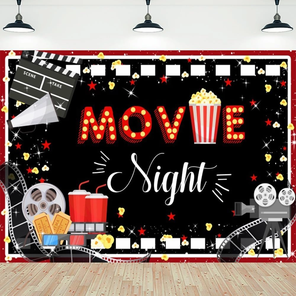 10x8ft Cinema Backdrop Movie Night Photography Background Cartoon Movies Theater Decorations Banner Video Screening Room Hall Party Photo Booth Props Studio Home Decor