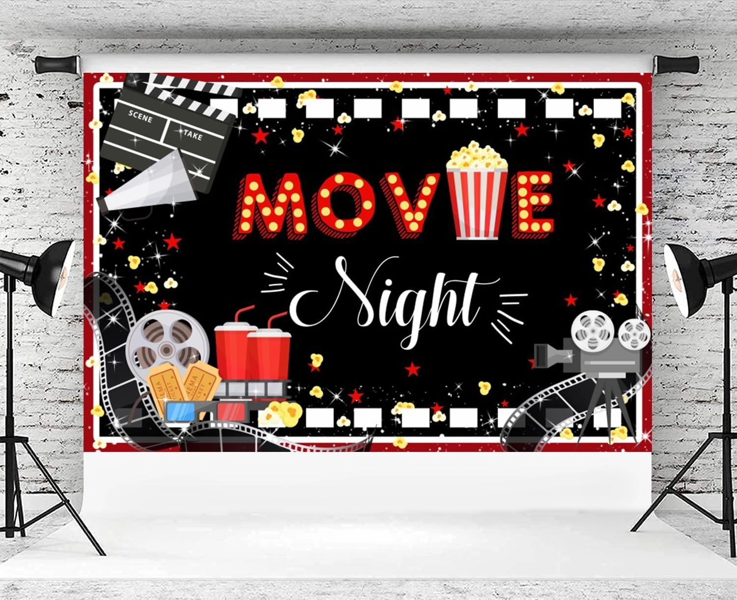 10x8ft Cinema Backdrop Movie Night Photography Background Cartoon Movies Theater Decorations Banner Video Screening Room Hall Party Photo Booth Props Studio Home Decor