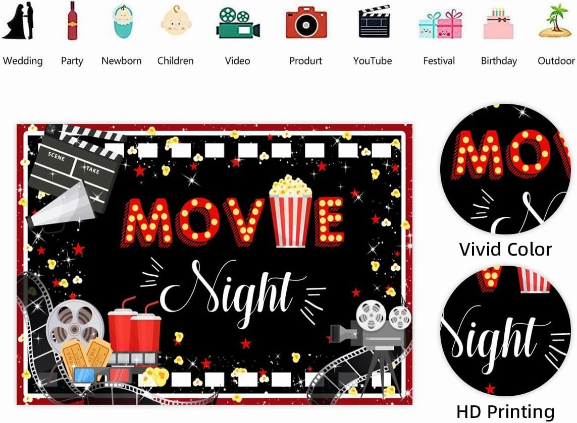 10x8ft Cinema Backdrop Movie Night Photography Background Cartoon Movies Theater Decorations Banner Video Screening Room Hall Party Photo Booth Props Studio Home Decor