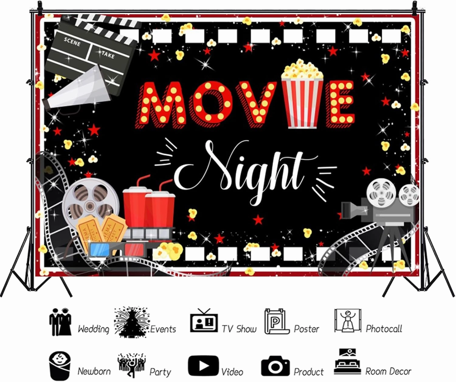 10x8ft Cinema Backdrop Movie Night Photography Background Cartoon Movies Theater Decorations Banner Video Screening Room Hall Party Photo Booth Props Studio Home Decor
