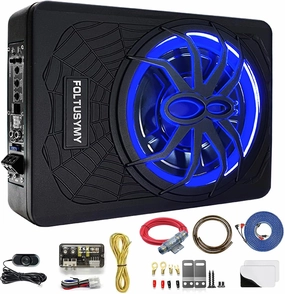 1200W 10" Slim Under Seat Powered Car Subwoofer, High/Low Level Input, Car/Truck Audio Sub Built-in Amplifier amp Combo Package, with Blue LED Light audiophile subwoofer,active subwoofer,low frequency speaker,