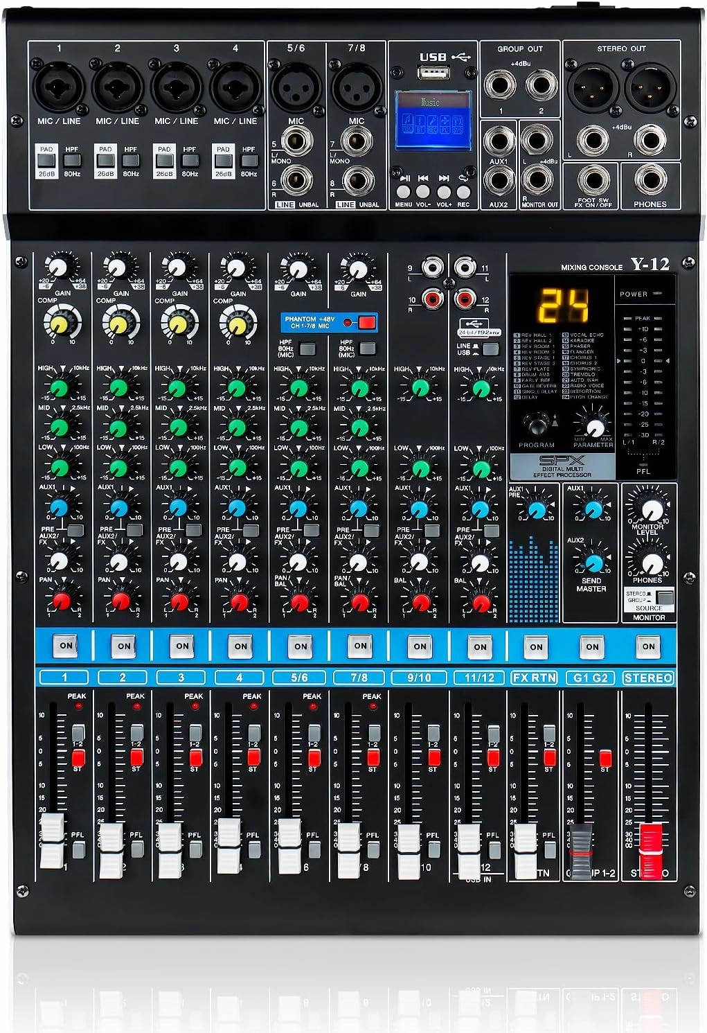 12 Channel Audio Mixer Professional Bluetooth DJ Mixer USB Interface Sound Board Mixer Console Digital MP3 Computer Input 48V Phantom Power Stereo DJ Studio Streaming 24-Bit SPX Effects mixer console,audio mixing desk,DJ console,