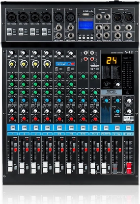 12 Channel Audio Mixer Professional Bluetooth DJ Mixer USB Interface Sound Board Mixer Console Digital MP3 Computer Input 48V Phantom Power Stereo DJ Studio Streaming 24-Bit SPX Effects mixer console,audio mixing desk,DJ console,