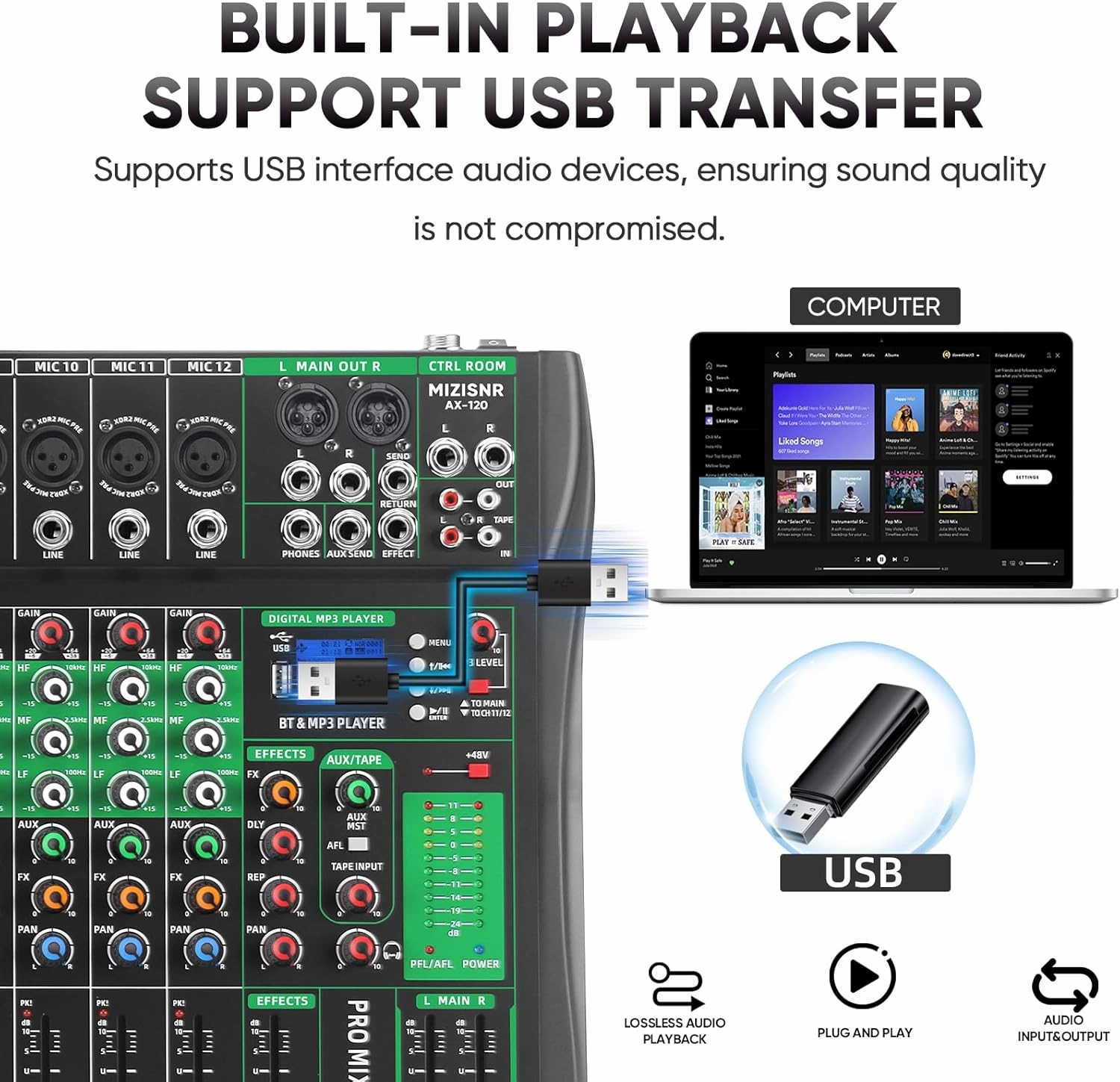 12 Channel Audio Mixer, Professional Sound Board Music Mixer Digital DJ Mixers with 48V Phantom Power, Bluetooth MP3 USB Interface Studio Mixing Console Analog Mixer (AX-120)