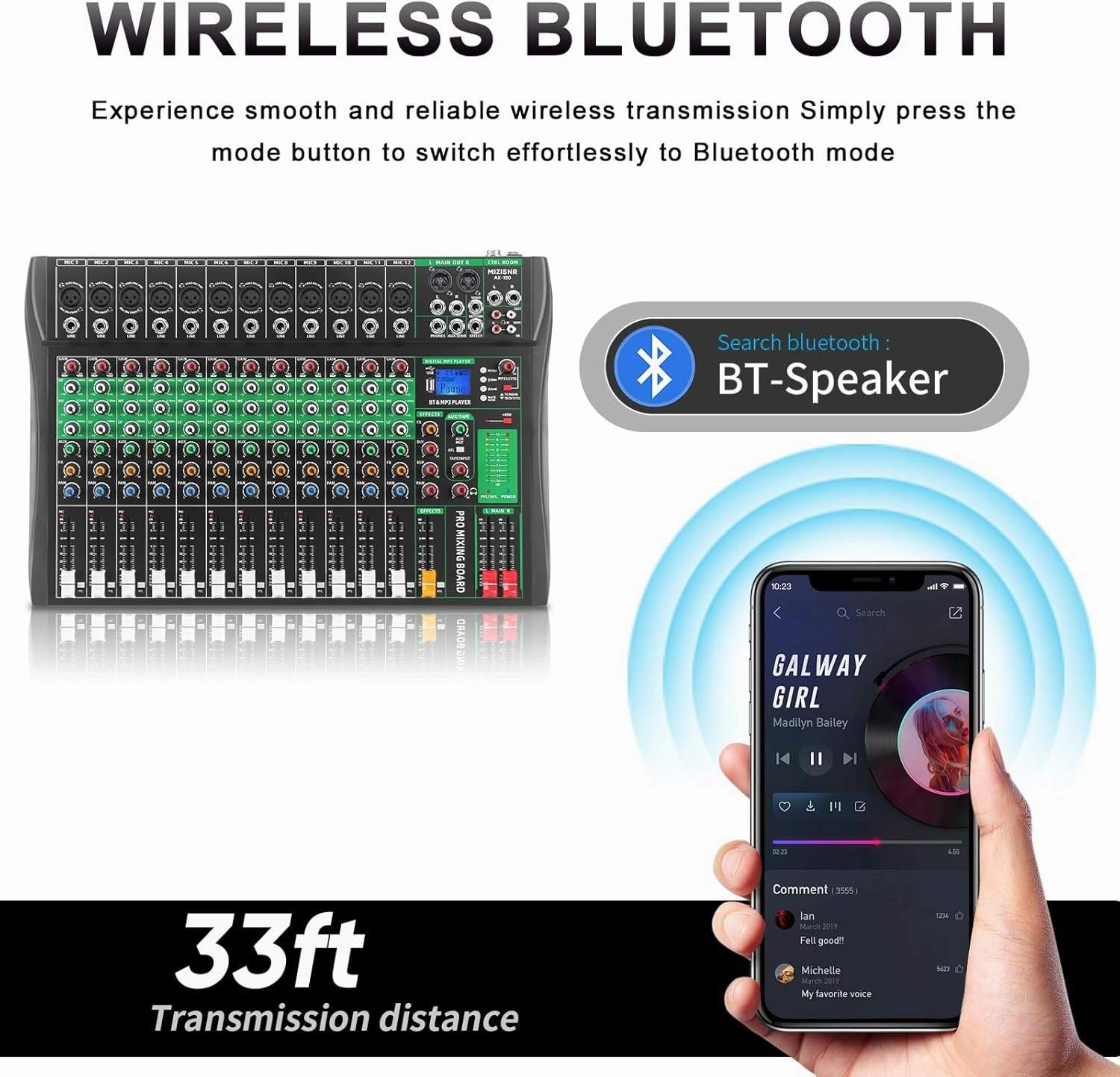 12 Channel Audio Mixer, Professional Sound Board Music Mixer Digital DJ Mixers with 48V Phantom Power, Bluetooth MP3 USB Interface Studio Mixing Console Analog Mixer (AX-120)