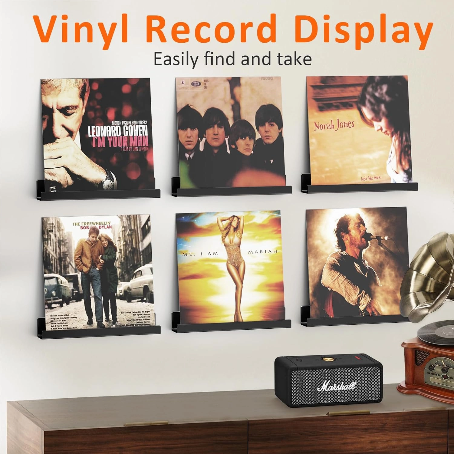 12 Pack Vinyl Record Holder, 12" Vinyl Wall Mount Shelf, Record Holder for Display and Storage, Floating Shelves for Wall, Living Room,Bedroom, Black