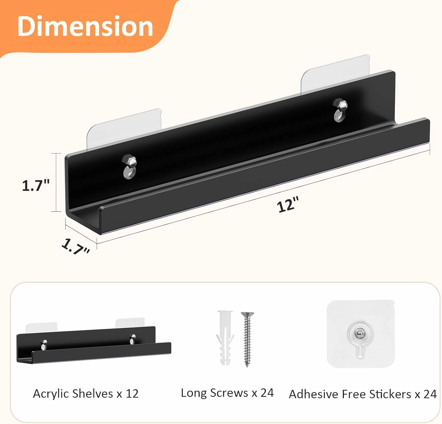 12 Pack Vinyl Record Holder, 12" Vinyl Wall Mount Shelf, Record Holder for Display and Storage, Floating Shelves for Wall, Living Room,Bedroom, Black