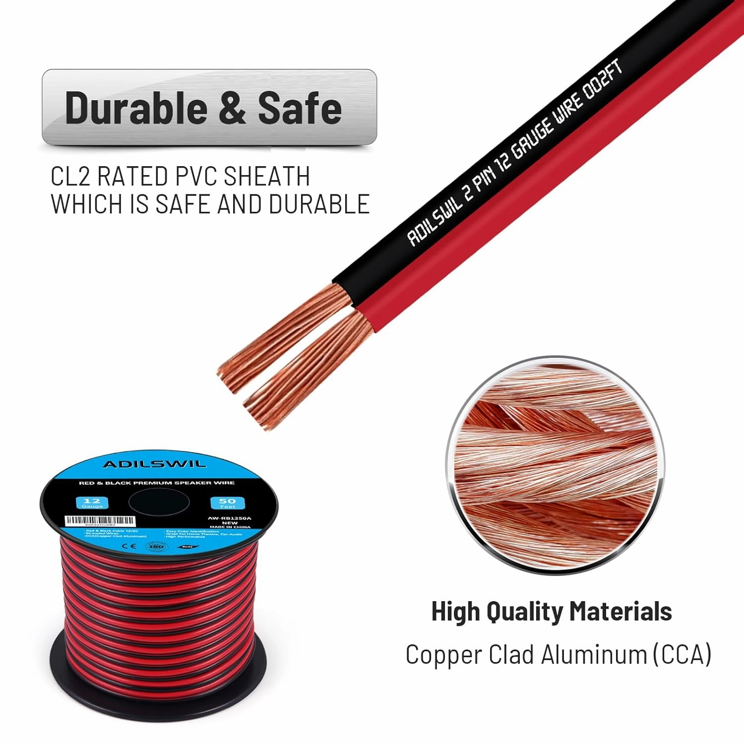 12AWG 50FT Speaker Wire, 2 Conductors Electrical Red Black Cable Hookup LED Lighting Strips Flexible Wire Extension Cord 12 Gauge Copper Clad Aluminum Copper Wire 12V/24V DC Cable