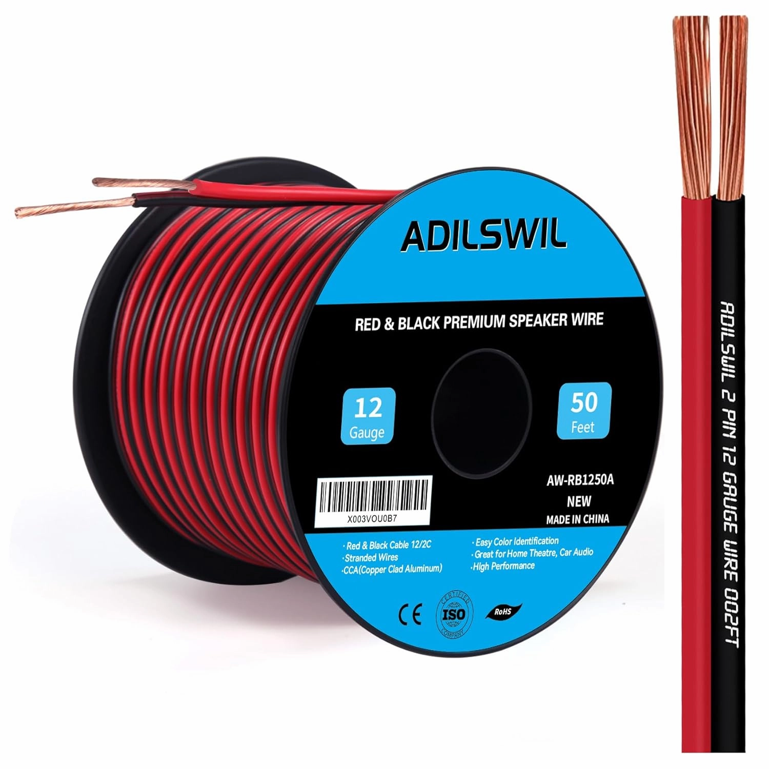 12AWG 50FT Speaker Wire, 2 Conductors Electrical Red Black Cable Hookup LED Lighting Strips Flexible Wire Extension Cord 12 Gauge Copper Clad Aluminum Copper Wire 12V/24V DC Cable speaker cable,audio wire,hi-fi speaker cord,