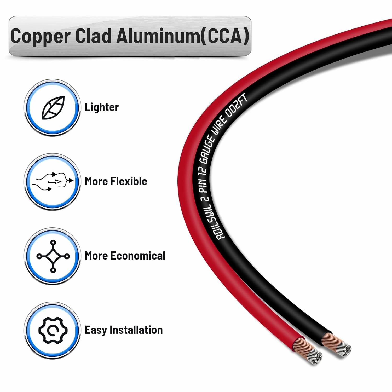 12AWG 50FT Speaker Wire, 2 Conductors Electrical Red Black Cable Hookup LED Lighting Strips Flexible Wire Extension Cord 12 Gauge Copper Clad Aluminum Copper Wire 12V/24V DC Cable