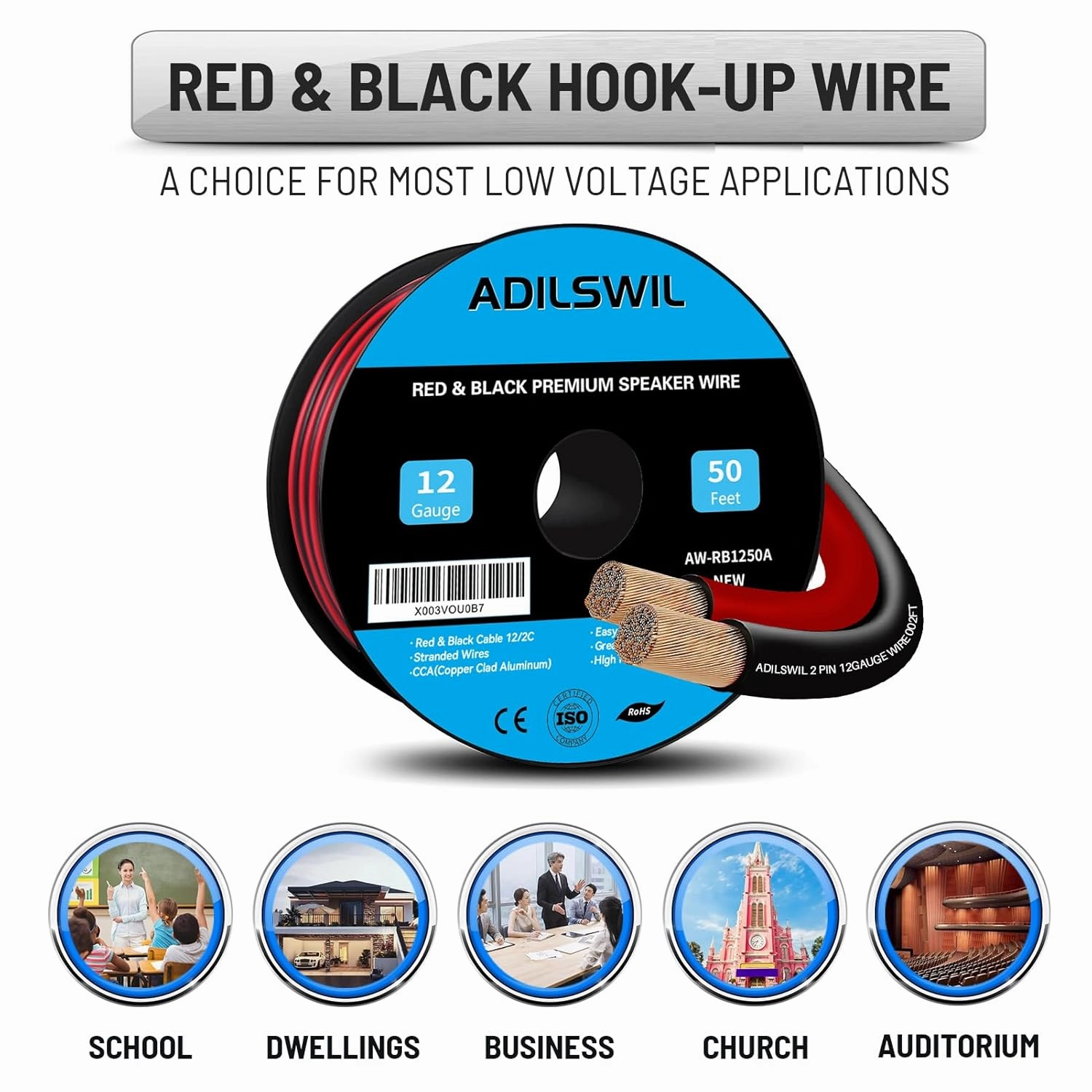 12AWG 50FT Speaker Wire, 2 Conductors Electrical Red Black Cable Hookup LED Lighting Strips Flexible Wire Extension Cord 12 Gauge Copper Clad Aluminum Copper Wire 12V/24V DC Cable