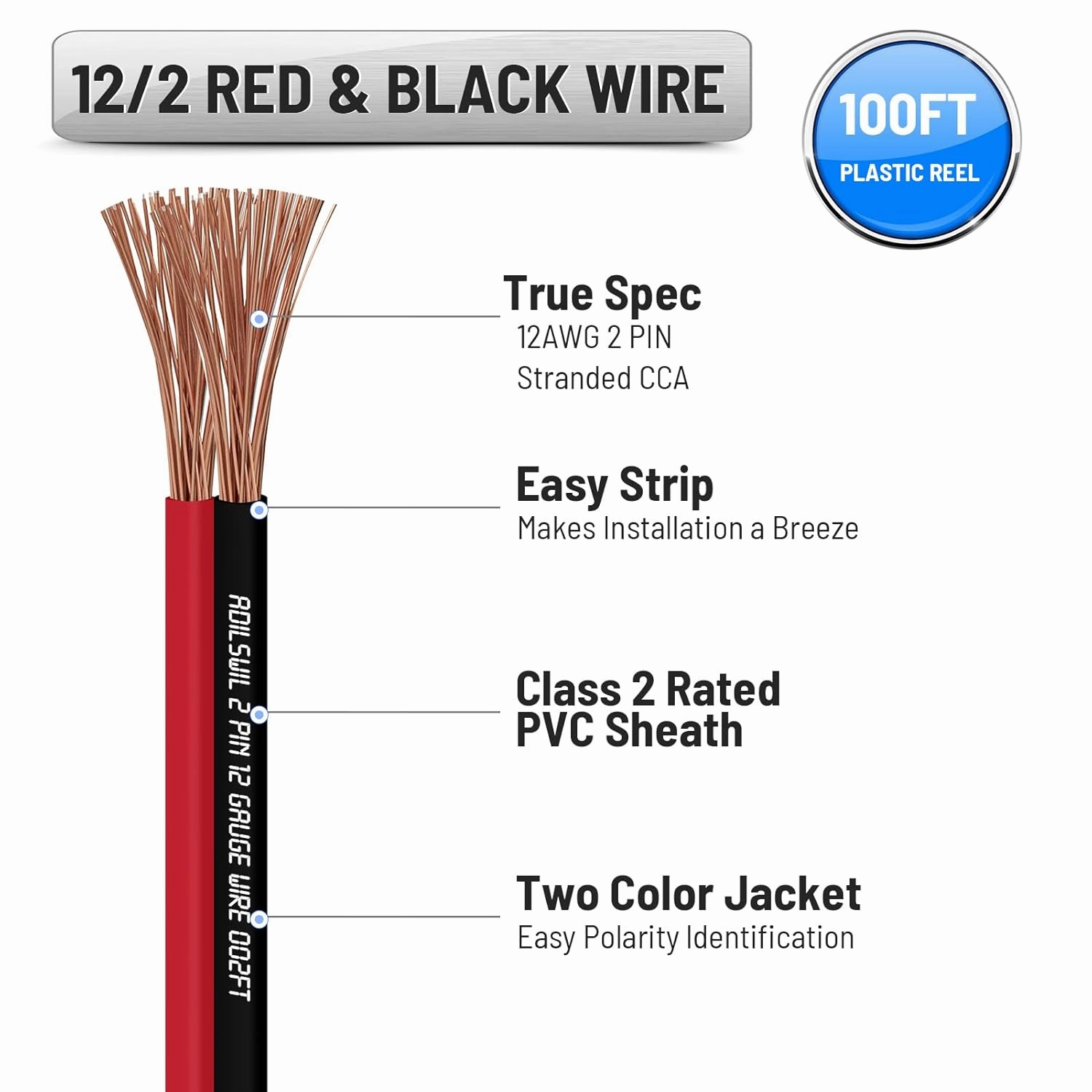12AWG 50FT Speaker Wire, 2 Conductors Electrical Red Black Cable Hookup LED Lighting Strips Flexible Wire Extension Cord 12 Gauge Copper Clad Aluminum Copper Wire 12V/24V DC Cable