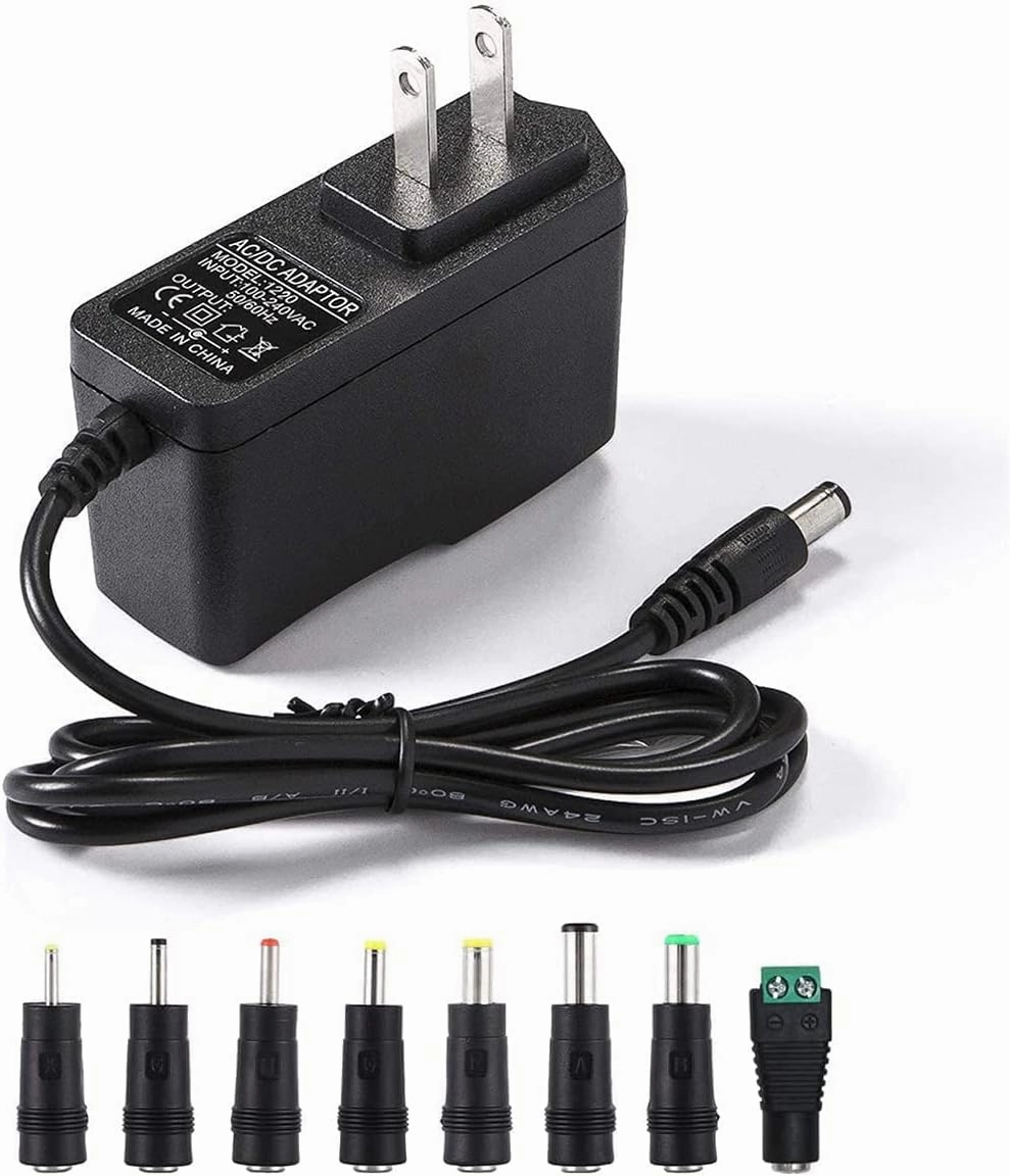 12V 2A Power Supply AC Adapter Replacement with 8 Tips, Regulated 12 Volts 2000mA Cord Charger for LED Strip Light, CCTV Camera, GPS, Webcam, Router, BT Speaker DC12V Transformer (6ft) power cord,hi-fi power cable,AC power lead,