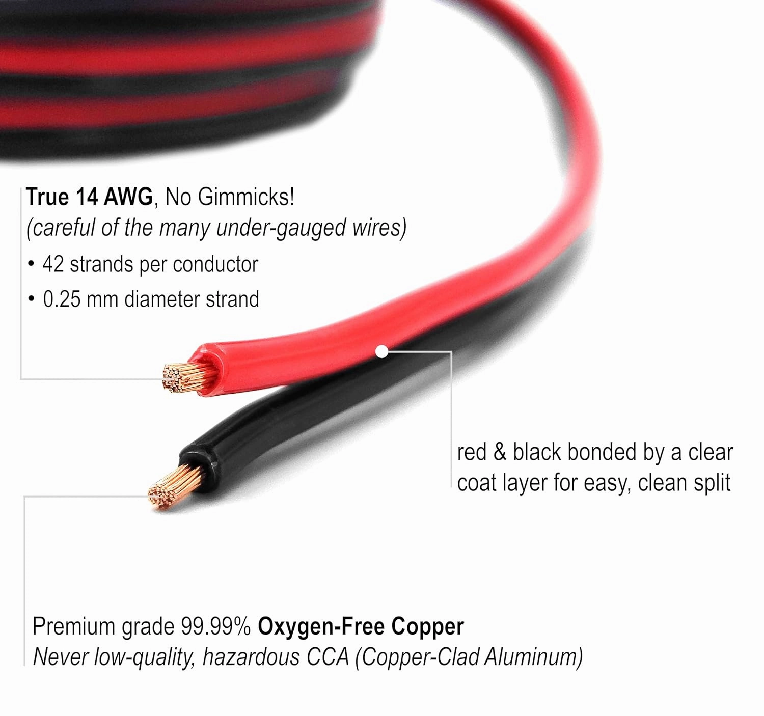 14 Gauge 100% Copper Stranded Red Black Zip Cable | OFC 14 AWG (American Wire Guage) 2 Conductor Bonded Cord for DC Power Automotive Car Audio Speaker LED Trailer Light Hookup Primary Wiring (50 ft)
