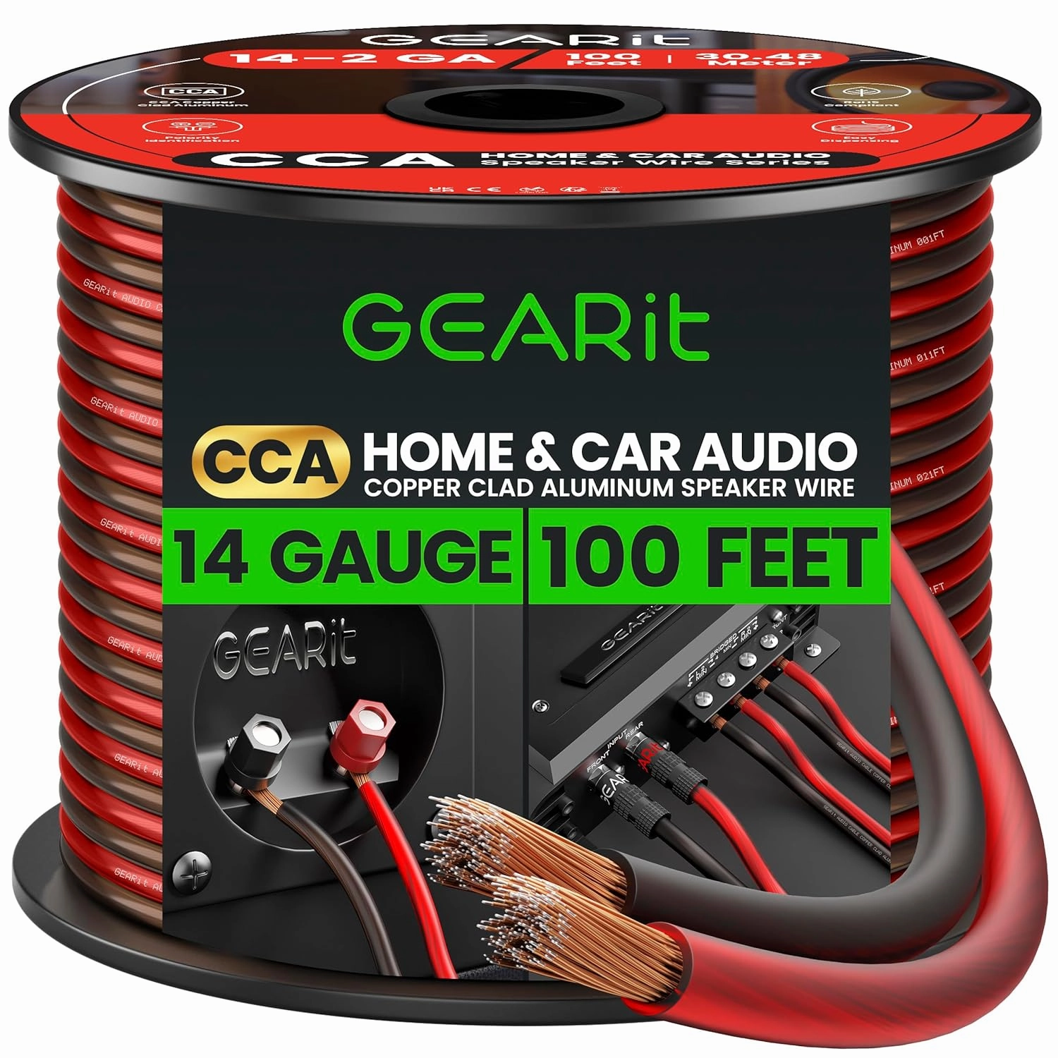 14 Gauge Car Speaker Wire, GearIT Pro Series (100 Feet, Soft Touch Translucent Red / Black) Copper Clad Aluminum CCA 14 AWG Automotive Car Speaker Wire for Car Stereo, Car Audio Wiring Kit - 100ft speaker cable,audio wire,hi-fi speaker cord,