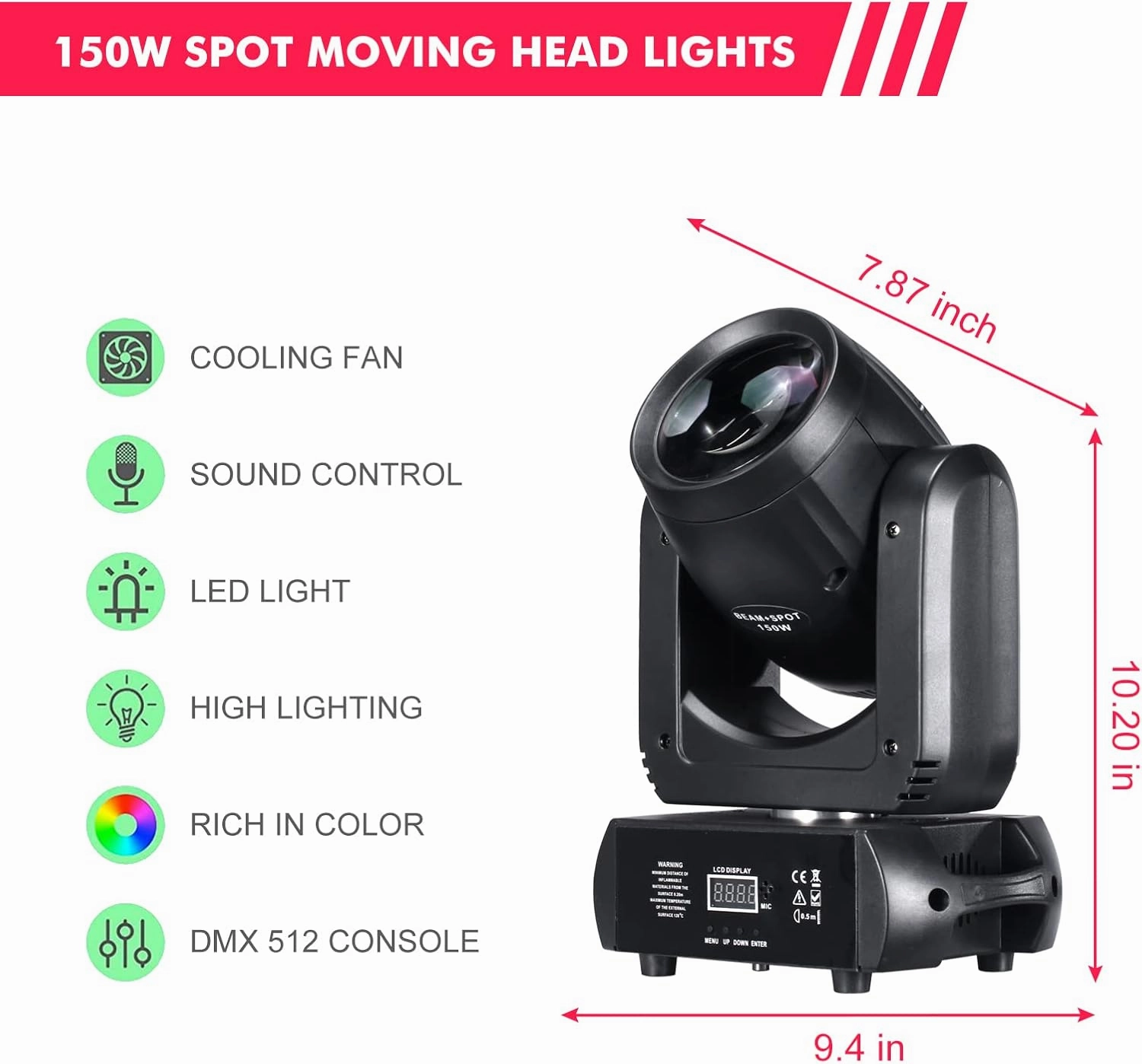 150W LED Moving Head Light DJ Lights Stage Lighting with Beam GOBO 18 Face Roto Prism Super Bright DMX Sound Activated Stage Light for Wedding Church (2 Pack)